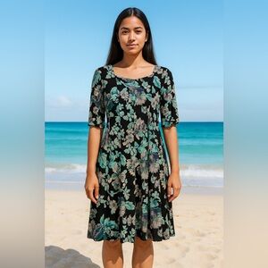 Connected apparel midi dress floral print aqua/black color size Medium pullover